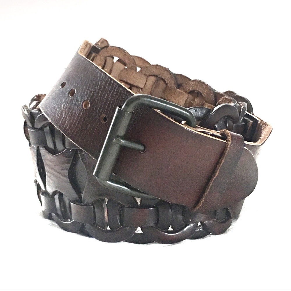 Leather belt brown corset wide medium woven vtg